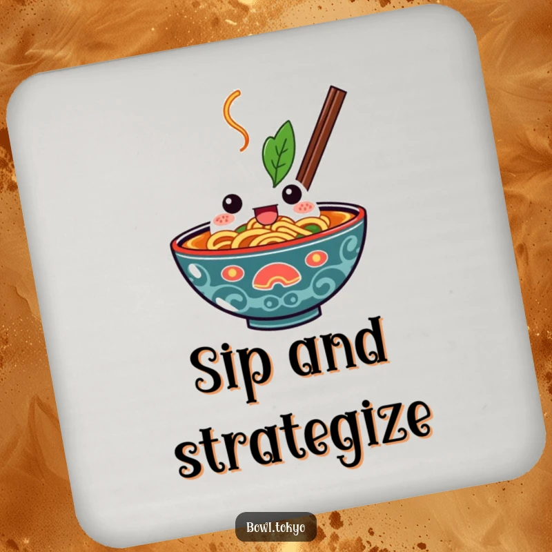 Funny Kawaii Ramen Bowl Coaster with a determined expression, ready to protect surfaces with noodle-themed boldness.