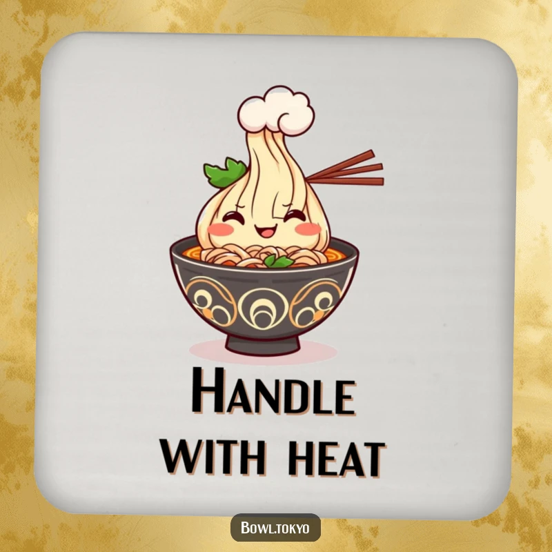 Funny Kawaii ramen bowl coaster featuring a cheerful grinning character offering a steam cloud, adding humor to drink protection.