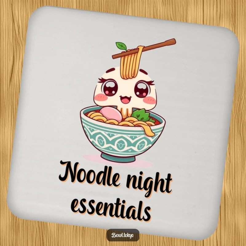 Funny Kawaii ramen bowl coaster with wide excited eyes, offering a giant chopstick, adding humorous protection to drinks.