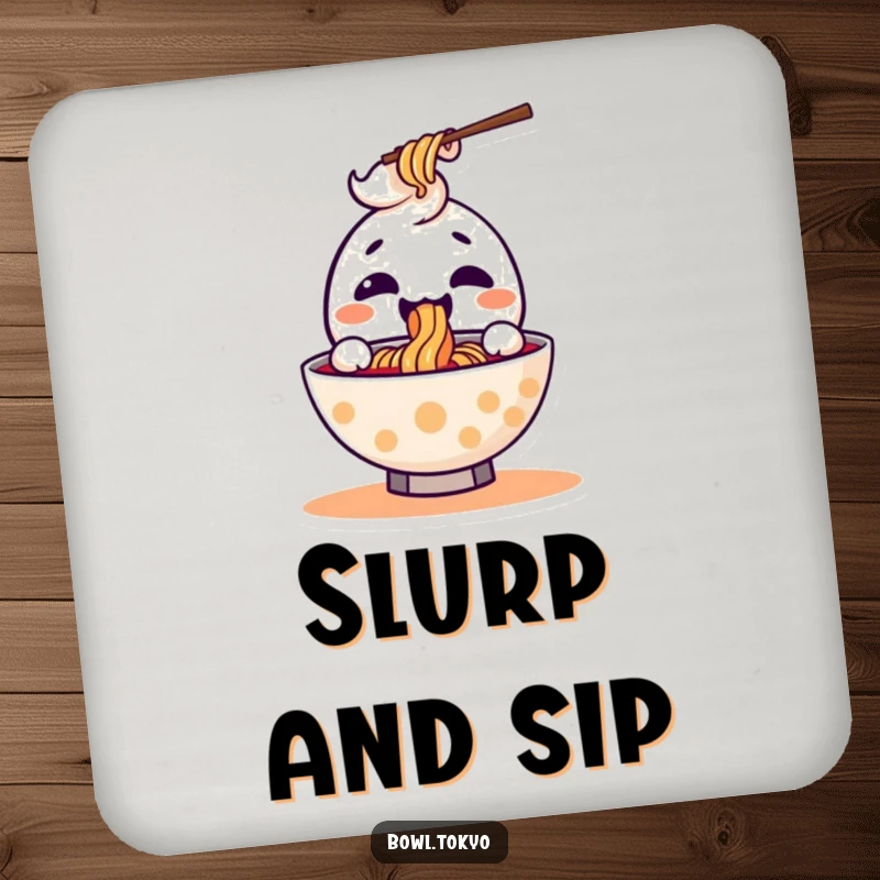 Funny kawaii ramen bowl coaster with a joyful character joyfully slurping a noodle, protecting drinks.