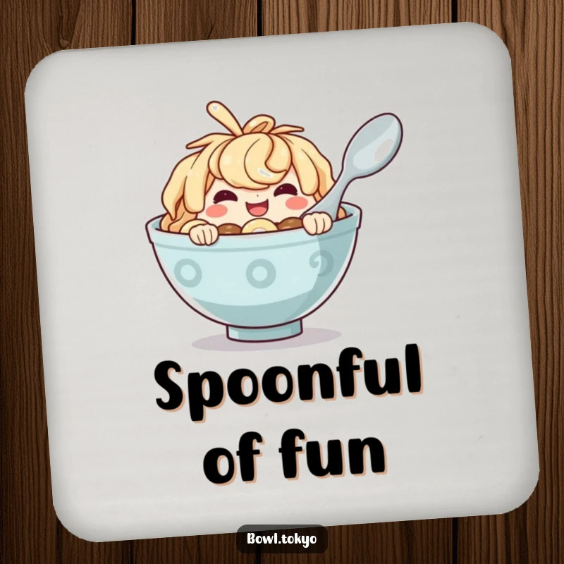 Funny Ramen Bowl Coaster with a mischievous character peeking from behind a spoon, adding humor to surfaces.