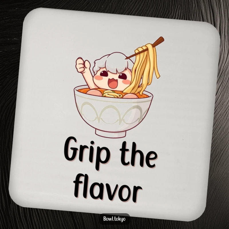 Funny Ramen Coaster: Determined ramen bowl character humorously reaching for a stray piece of nori.