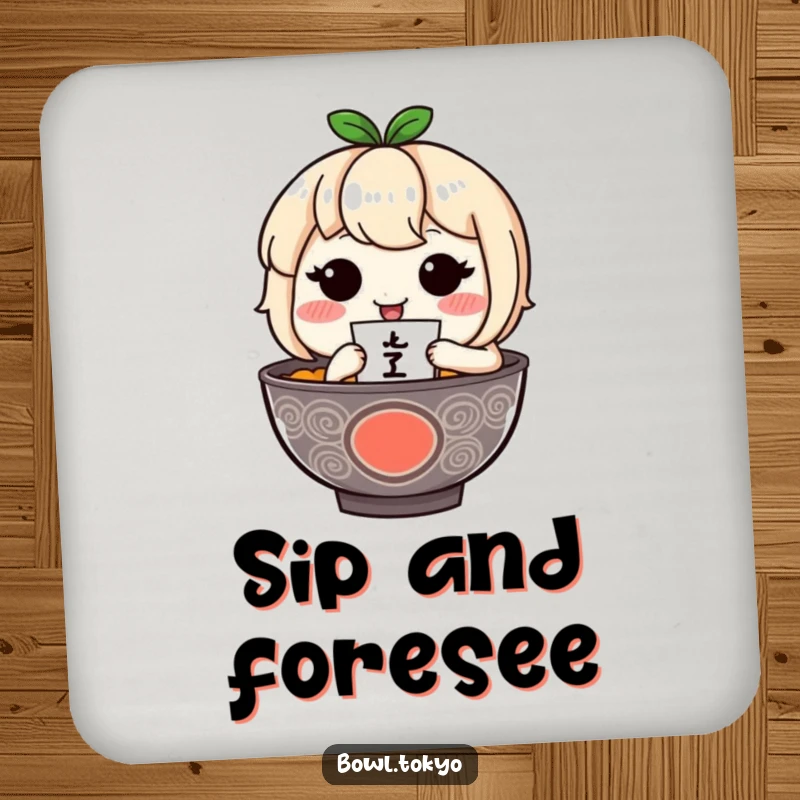 Funny ramen bowl character blushing delicately holds a miniature fortuneteller on this protective drink coaster.