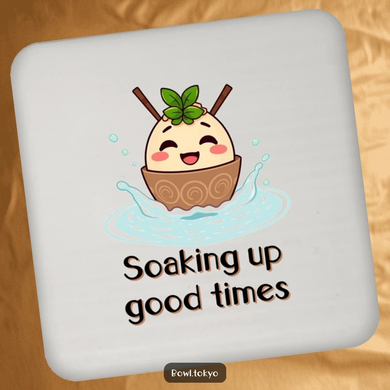 Funny drink coaster with a smiling ramen bowl character splashing in a hot spring, protecting surfaces with a humorous design.