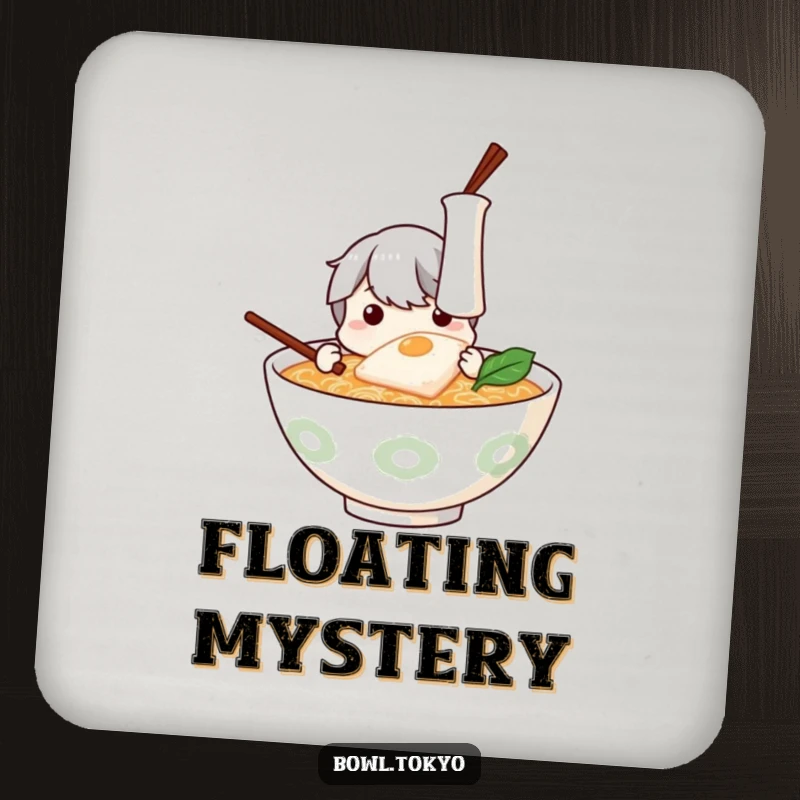 Funny Ramen Coaster: A curious ramen bowl character humorously examining a floating piece of kamaboko.