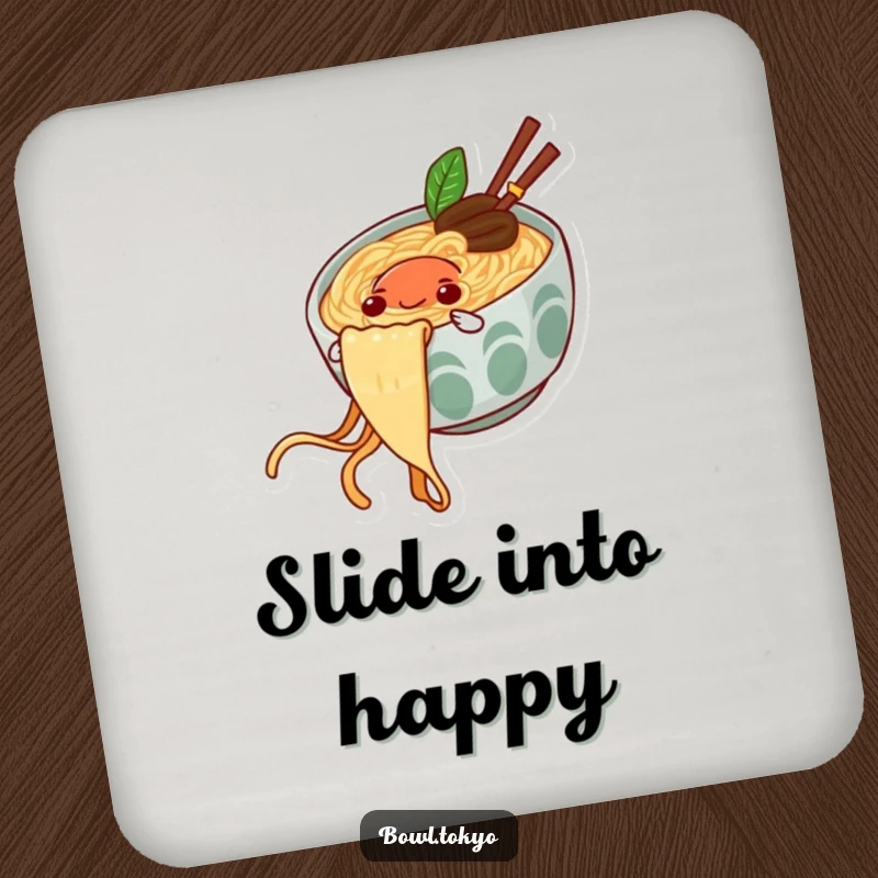 Funny drink coaster with a happy ramen bowl character sliding down a noodle string, protecting surfaces.