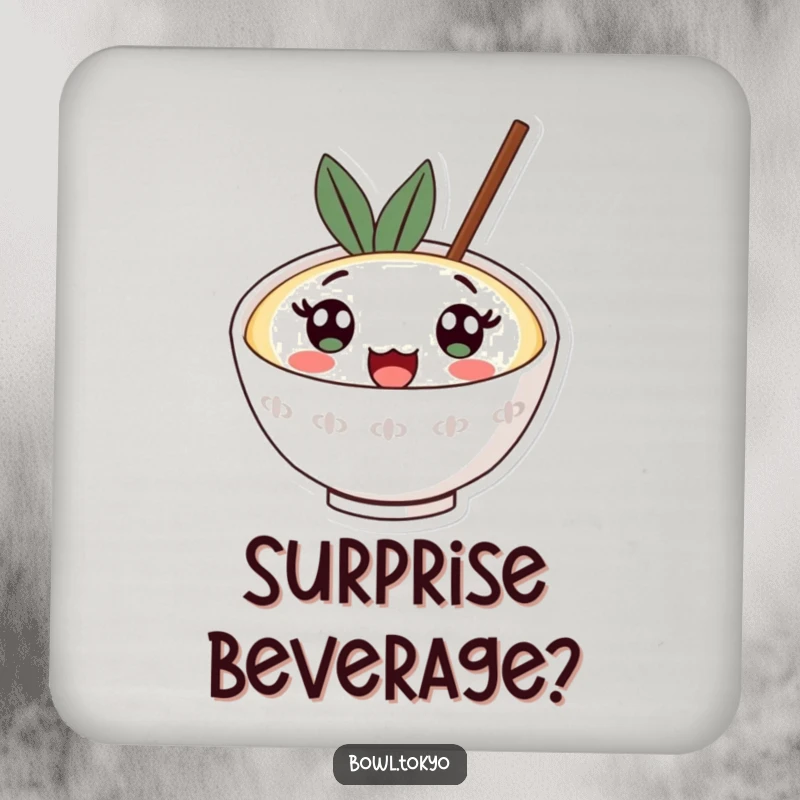 Funny kawaii ramen bowl coaster with a character sporting big surprised eyes looking upwards, protecting surfaces.