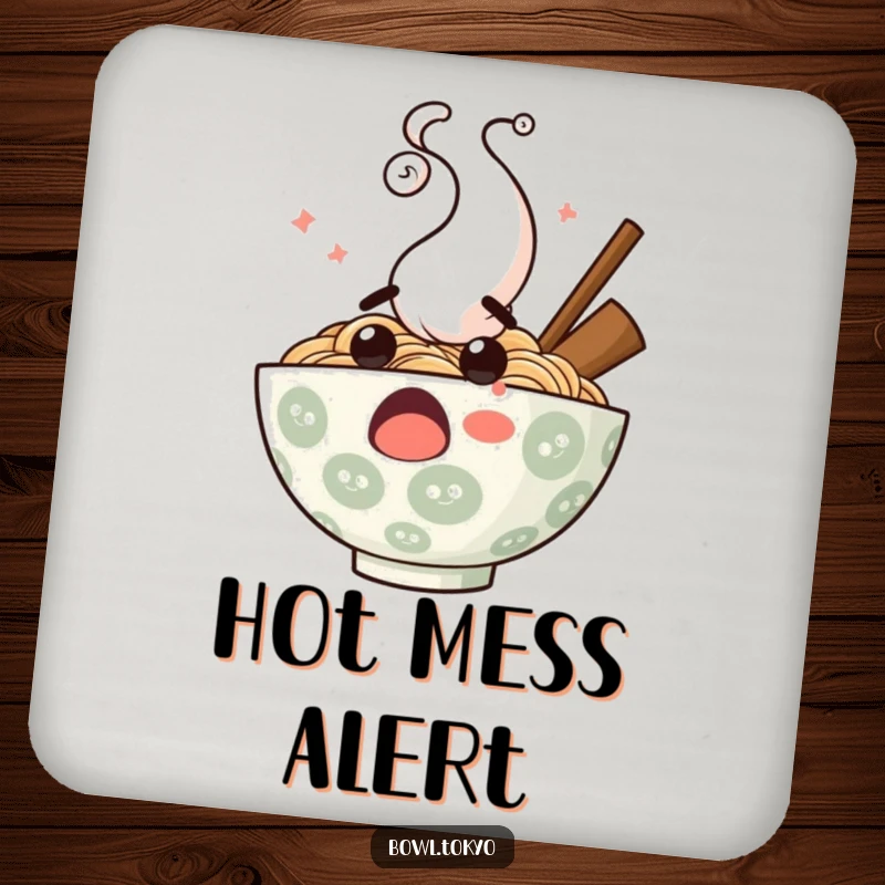 Funny surprised ramen bowl coaster, featuring a comically shocked noodle character, protecting surfaces with humor.