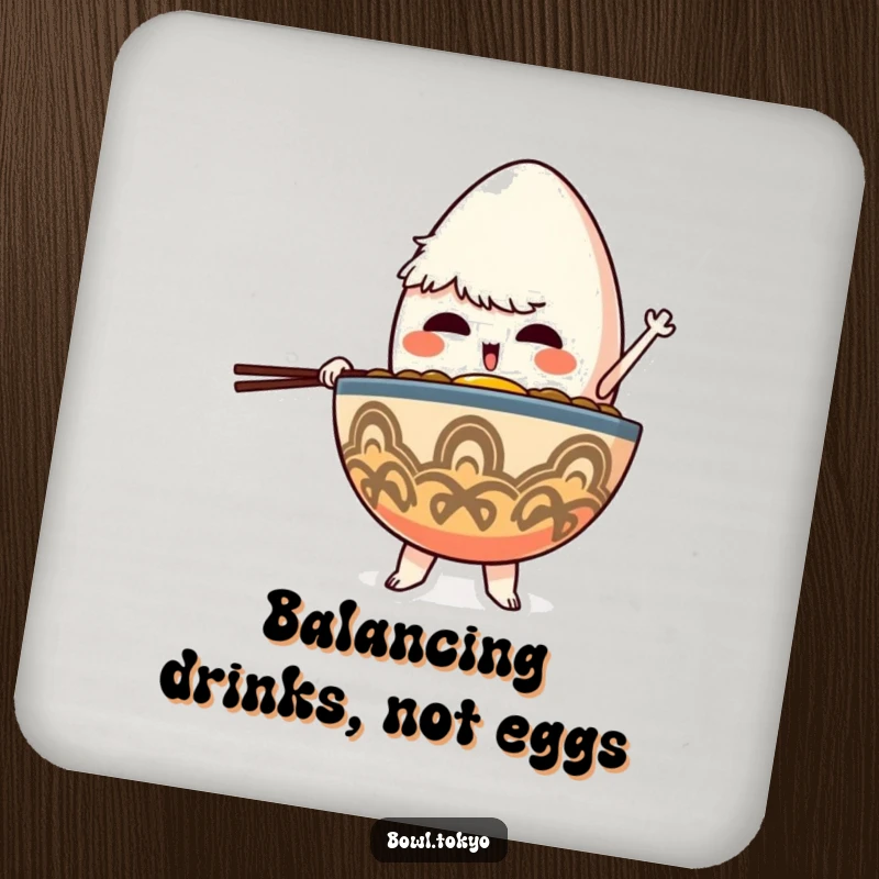 Funny Table Ramen Bowl Coaster featuring a determined character balancing a giant egg, a symbol of focus for your decor.