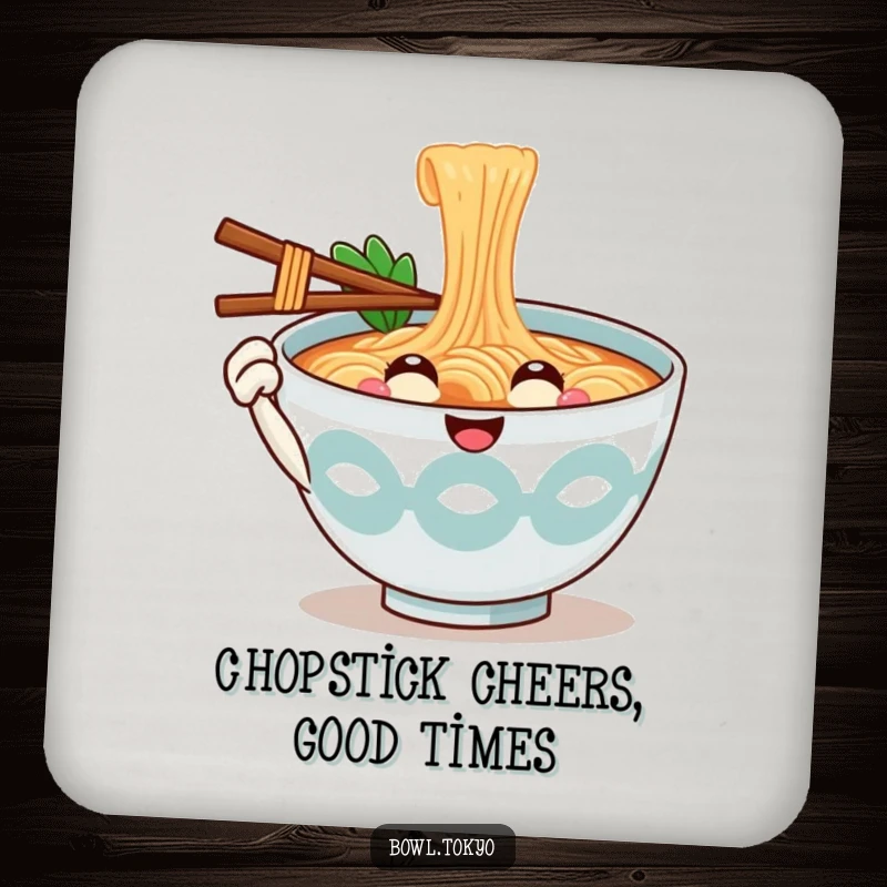 Funny Table Ramen Bowl Coaster featuring a smiling noodle character offering a chopstick, a friendly greeting for your surfaces.