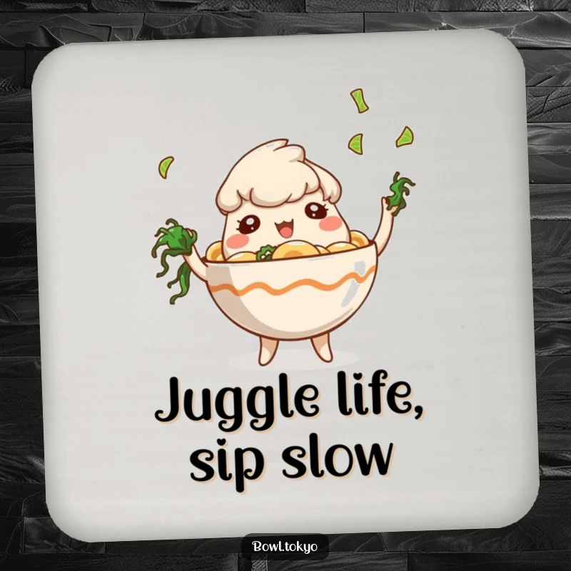 Funny Table Ramen Bowl Coaster featuring a playful character juggling tiny seaweed pieces, adding whimsical charm to your decor.