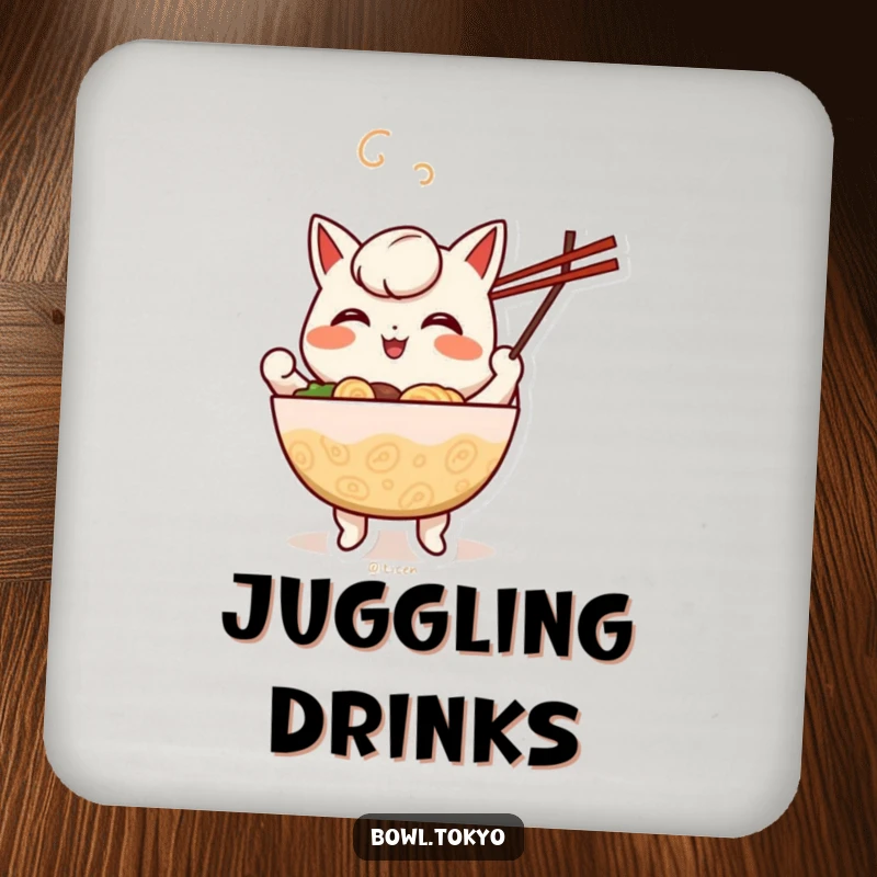 Funny cheerful anthropomorphic ramen bowl coaster with a character happily juggling chopsticks, protecting surfaces.