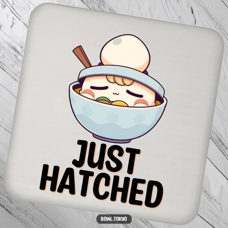 Funny Ramen Coaster: A sleepy ramen bowl character comically wearing a tiny egg as a hat.