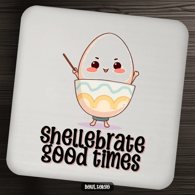 Funny Ramen Bowl Coaster, a determined character balancing a giant egg, protects surfaces with focus.