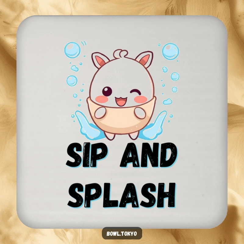 Funny drink coaster with a kawaii broth character joyfully splashing with bubble accents, protecting surfaces.