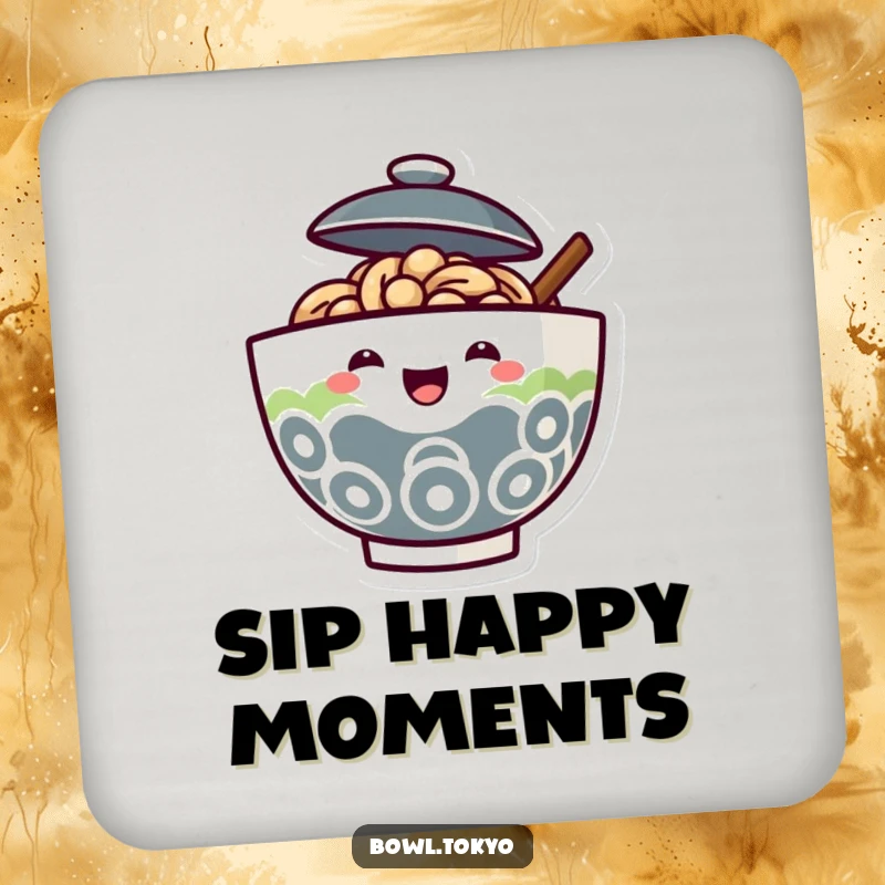 Funny Ramen Bowl Coaster with a lid ajar and a joyful face peeking out, protecting surfaces with happiness.