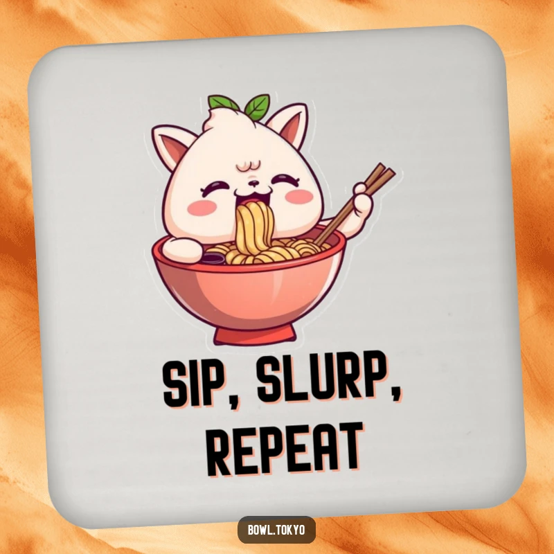 Funny drink coaster with an anthropomorphic ramen bowl character comically slurping noodles, adding a playful vibe to any surface.