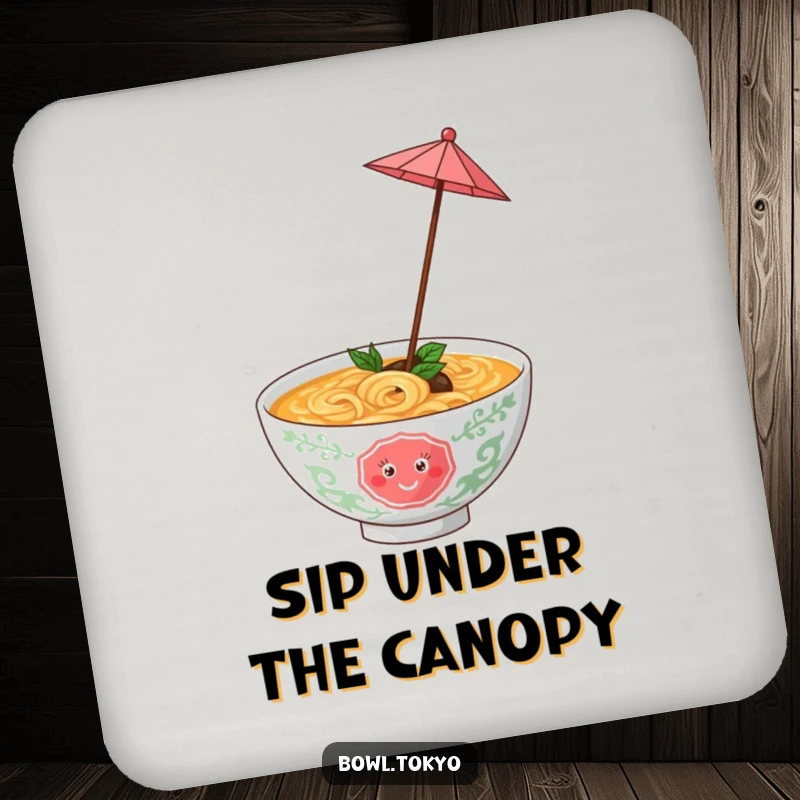 Funny ramen bowl with a tiny umbrella, twirling happily, a protective and humorous drink coaster for playful settings.