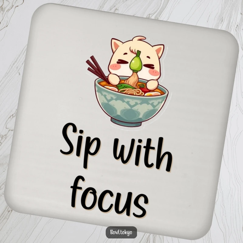 Funny Ramen Bowl Coaster showing a character balancing a green onion with focus, protecting surfaces with humor.