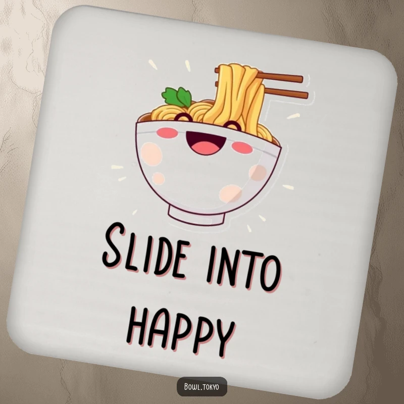 Funny drink coaster with a ramen bowl character grinning while sliding down a noodle, protecting surfaces with humor.