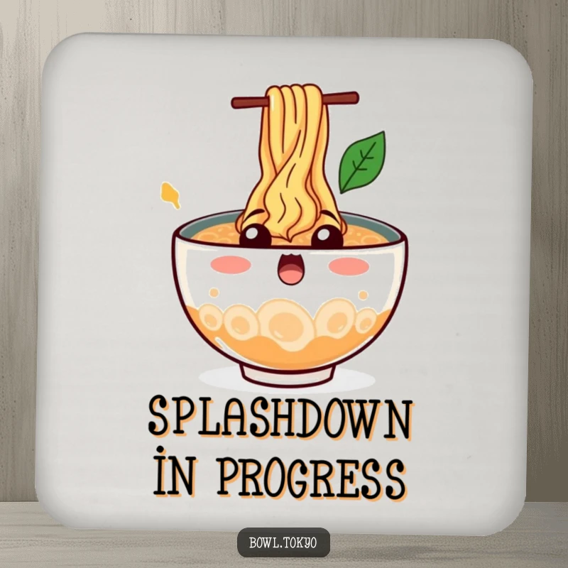 Funny Table Ramen Bowl Coaster featuring a surprised character with noodles splashing out, a humorous addition to your decor.