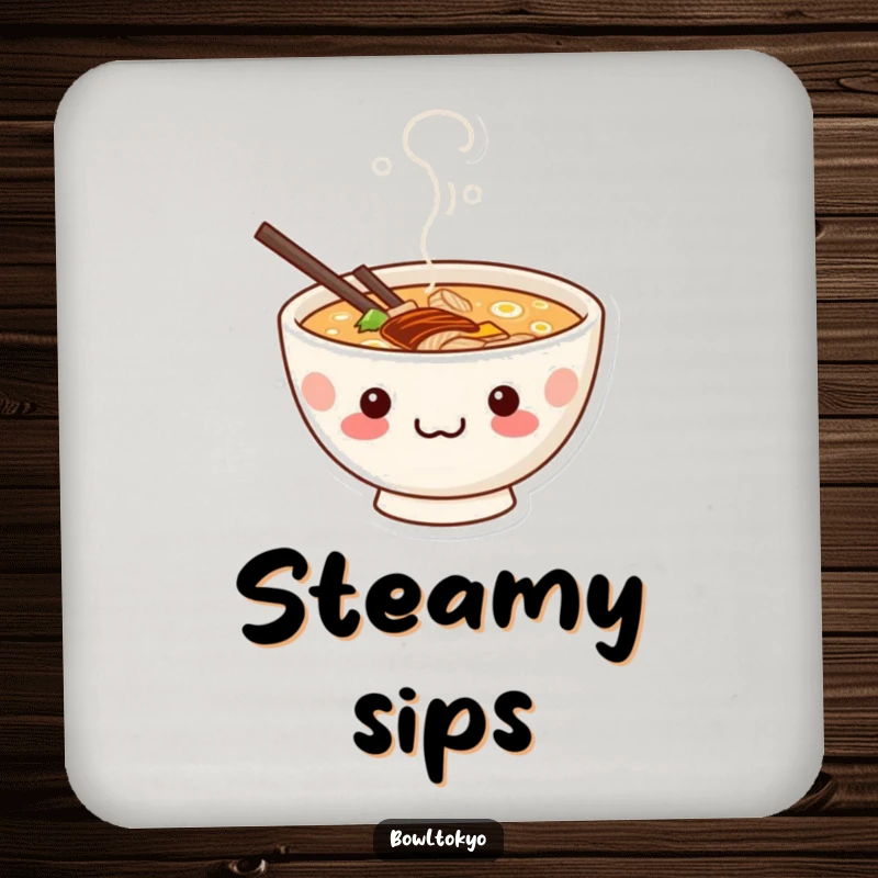 Funny cute kawaii ramen bowl coaster with a mischievous grin peeking from steam, protecting surfaces.