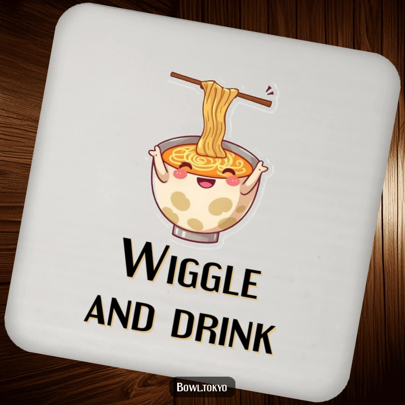 Funny drink coaster with a cheerful ramen bowl character gesturing with wiggling chopsticks, protecting surfaces.