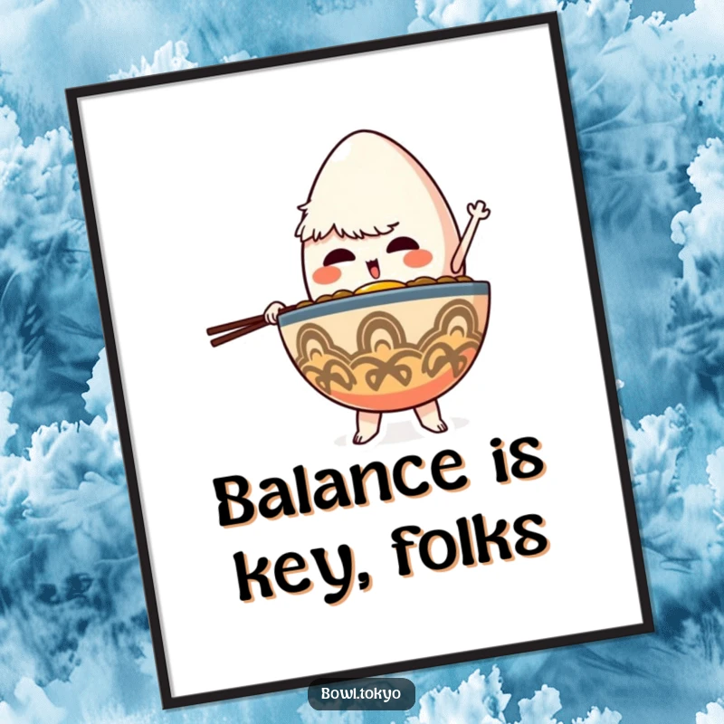 Funny Art Ramen Bowl Poster depicting a determined character balancing a giant egg, a symbol of focus and perseverance.