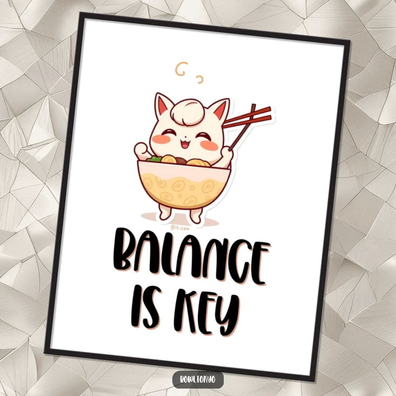 Funny cheerful anthropomorphic ramen bowl poster showing a character happily juggling chopsticks with energy.