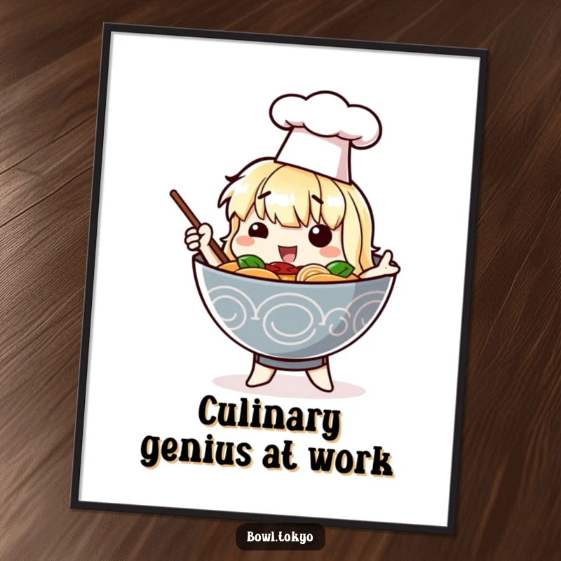 Funny poster featuring a ramen bowl character in a tiny chef hat posing dramatically, a humorous piece of culinary art.