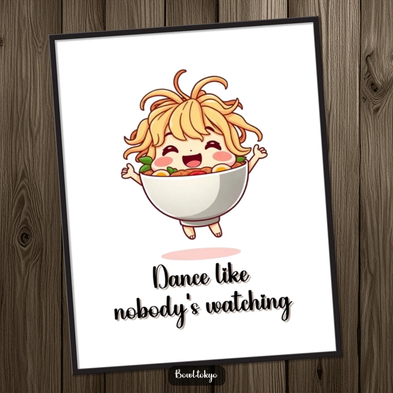 Funny Poster: A ramen bowl character with noodle hair in a dynamic, happy dance, bringing vibrant energy to any wall.
