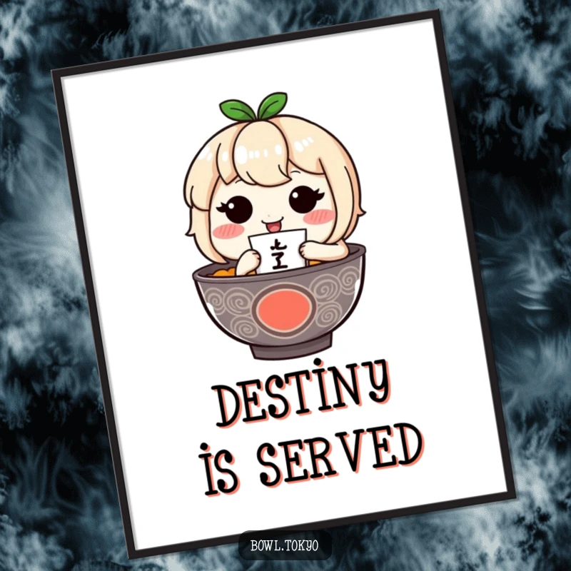 Funny ramen bowl character with blushing cheeks holds a small fortuneteller, creating a delightful poster.