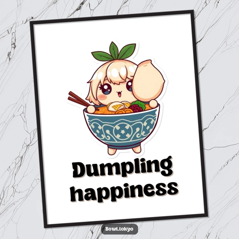 Funny poster showcasing a ramen bowl character with sparkling eyes, joyfully holding an oversized dumpling.