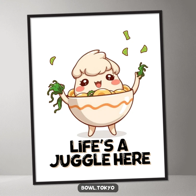 Funny Art Ramen Bowl Poster depicting a playful character skillfully juggling tiny pieces of seaweed, a whimsical piece of art.