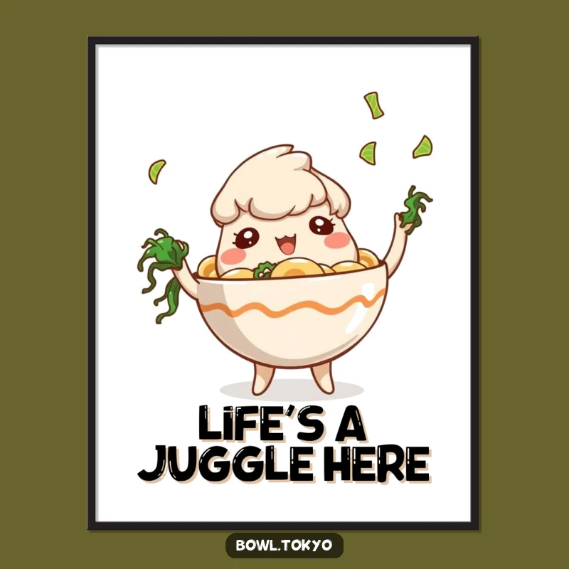Funny Art Ramen Bowl Poster: Playful Seaweed Juggling Decor Gift