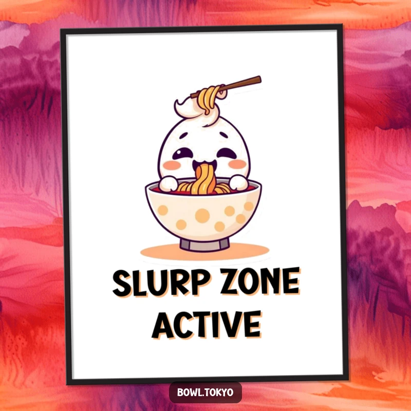 Funny kawaii ramen bowl poster showing a joyful character mid-slurp with a noodle, radiating pure noodle bliss.