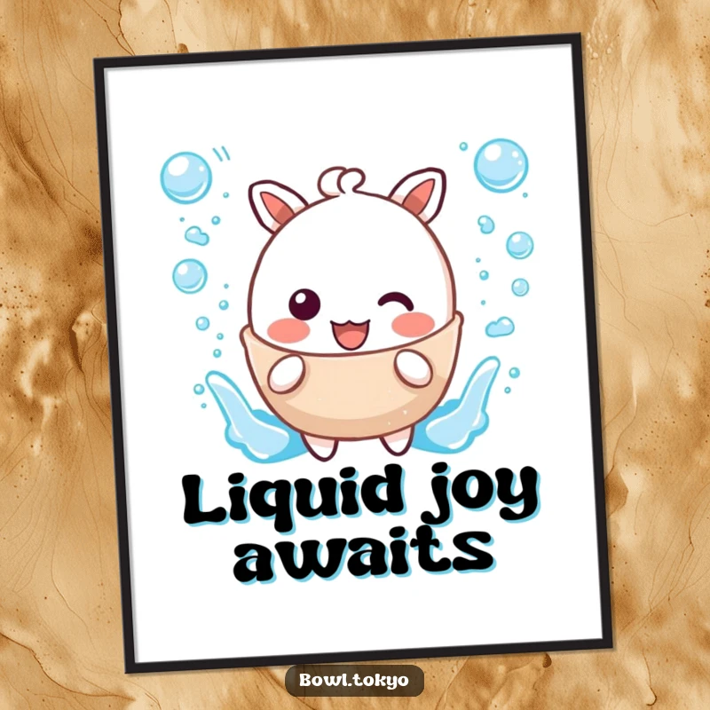 Funny poster featuring an adorable kawaii broth character splashing with glee, surrounded by cheerful bubble accents.
