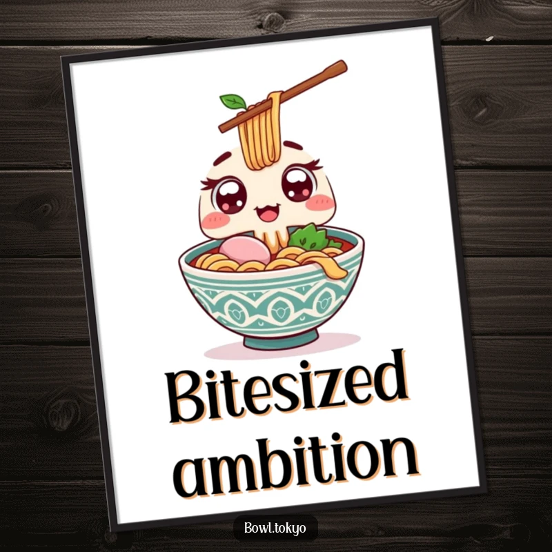 Funny Kawaii ramen bowl poster with wide excited eyes, presenting a giant chopstick, bringing playful humor to wall art.