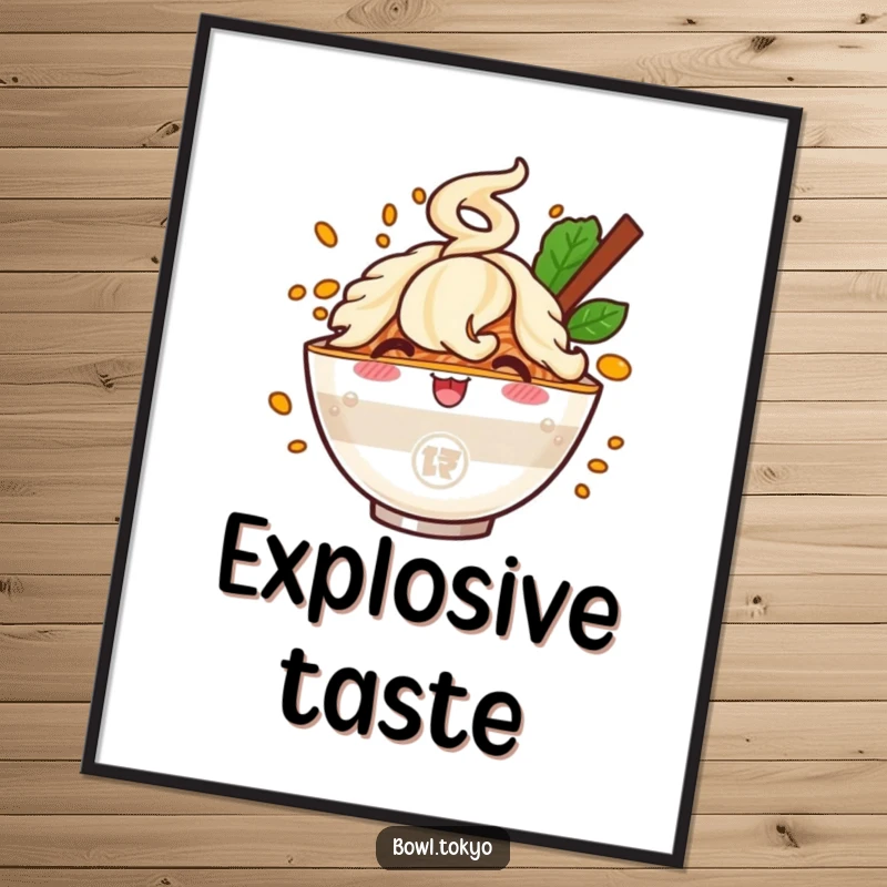 Funny poster of a cheerful ramen bowl character with a vibrant flavor cloud, perfect for adding humor and taste to walls.