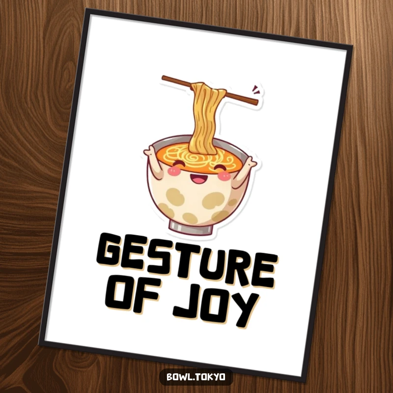 Funny poster of a ramen bowl character cheerfully gesturing with a pair of wiggling chopsticks, full of life.