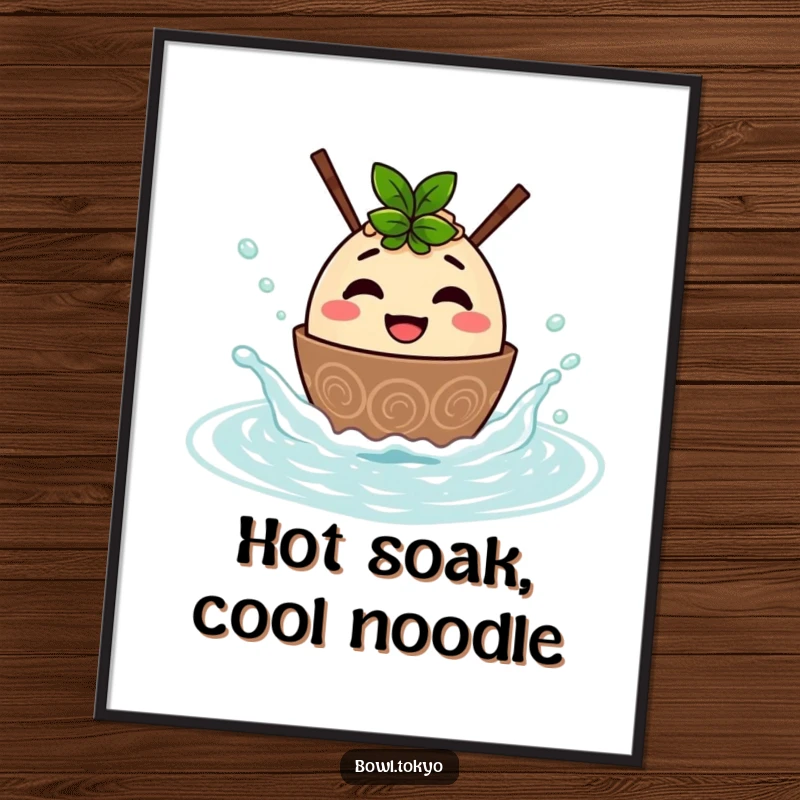 Funny poster of a happy ramen bowl character splashing playfully in a hot spring, a vibrant and humorous piece of art.