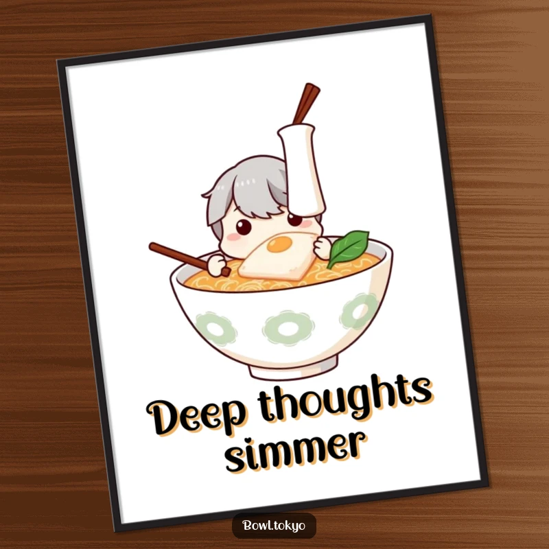 Funny Ramen Poster: Curious ramen bowl character depicted in a funny, observant pose examining kamaboko.