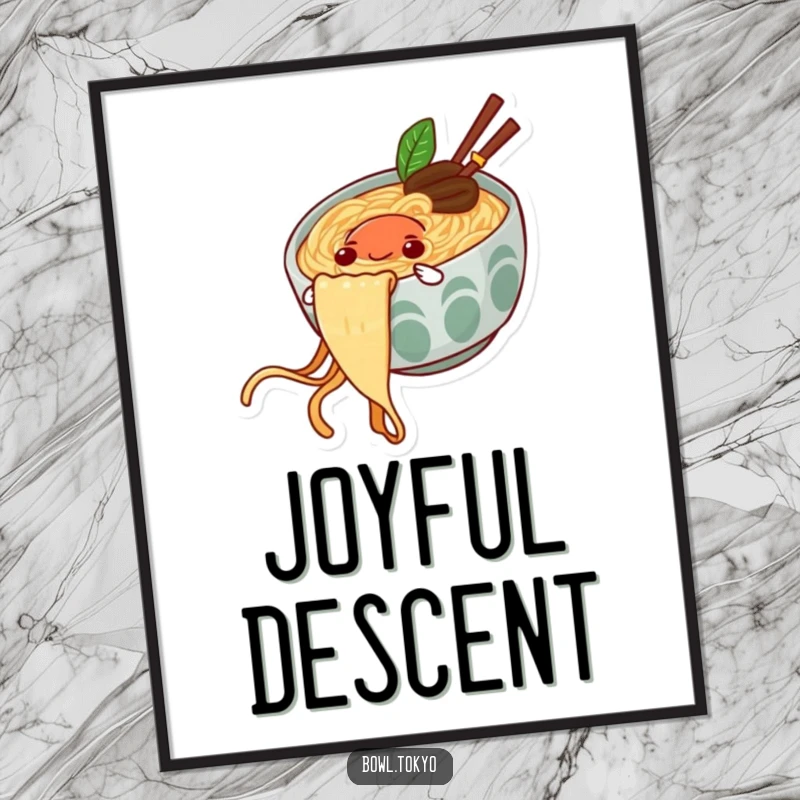 Funny poster of a ramen bowl character with a happy expression sliding effortlessly down a noodle string.