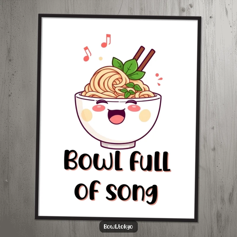 Funny cheerful ramen bowl poster, singing with musical notes floating, vibrant and joyful noodle artwork.