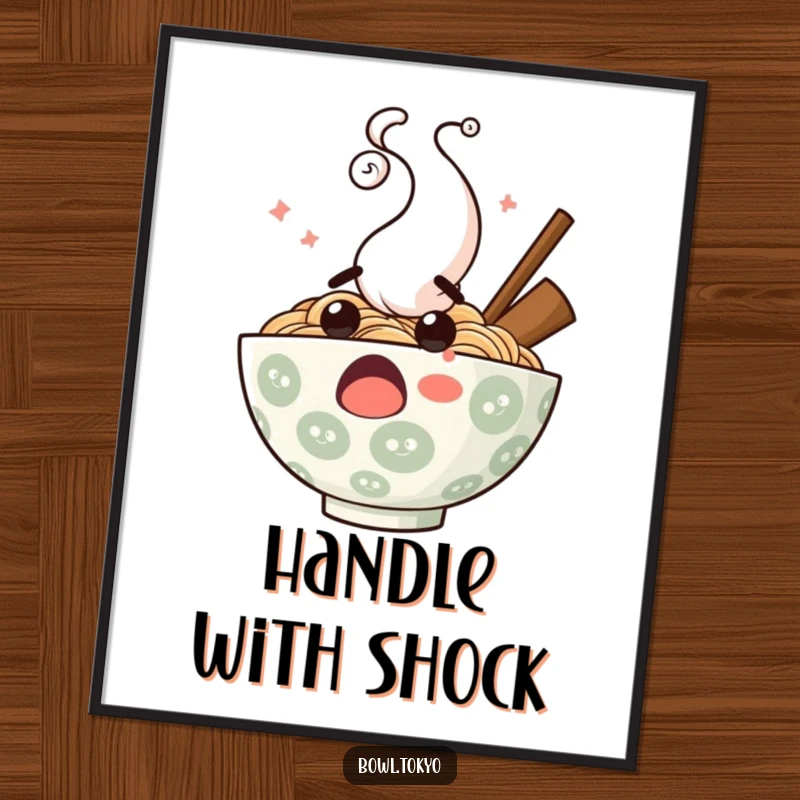 Funny surprised ramen bowl poster, steam erupting comically, showcasing a shocked noodle character, vibrant wall art for enthusiasts.
