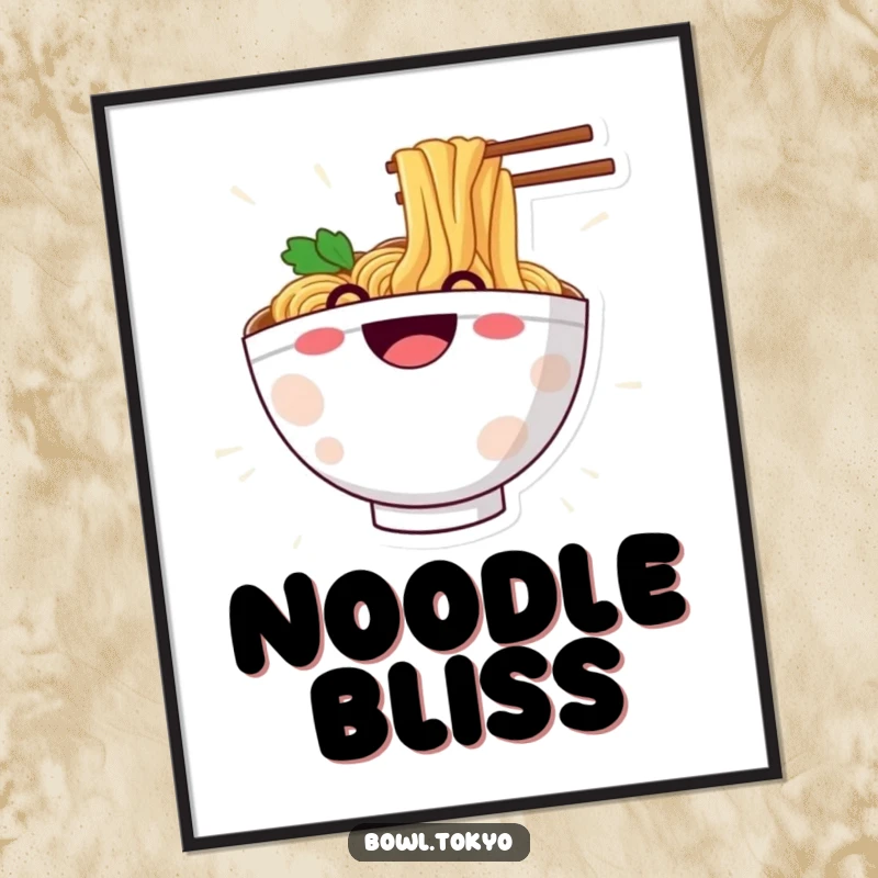 Funny poster showcasing a ramen bowl character with a massive grin, happily sliding down a long noodle.