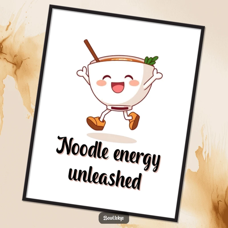 Funny ramen bowl in wooden clogs, caught mid-leap with noodles flying, a dynamic and humorous art print for walls.