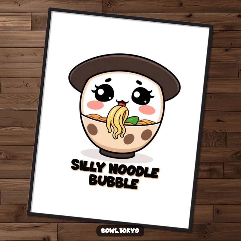 Funny poster showcasing a ramen bowl character with a silly expression, blowing a large bubble made of noodles.