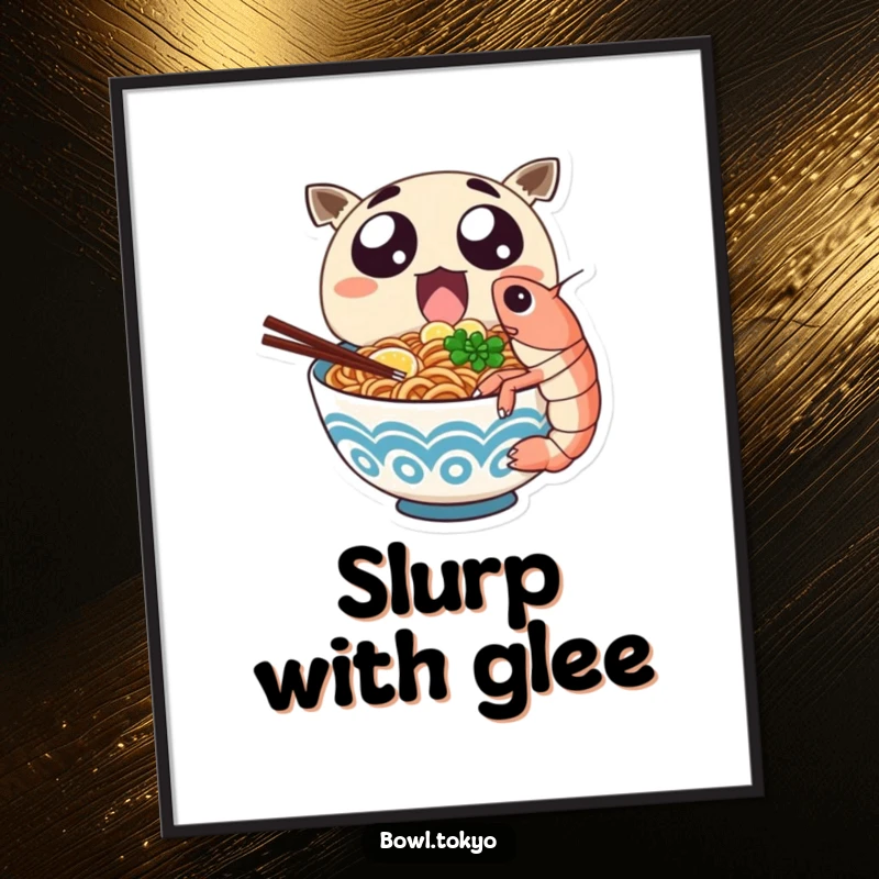 Funny ramen character with huge, excited eyes takings a giant bite of a shrimp, displayed on a poster.