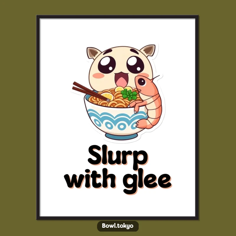 Funny Ramen Shrimp Art Poster: Excited Noodle Character Eating Giant Shrimp Decor